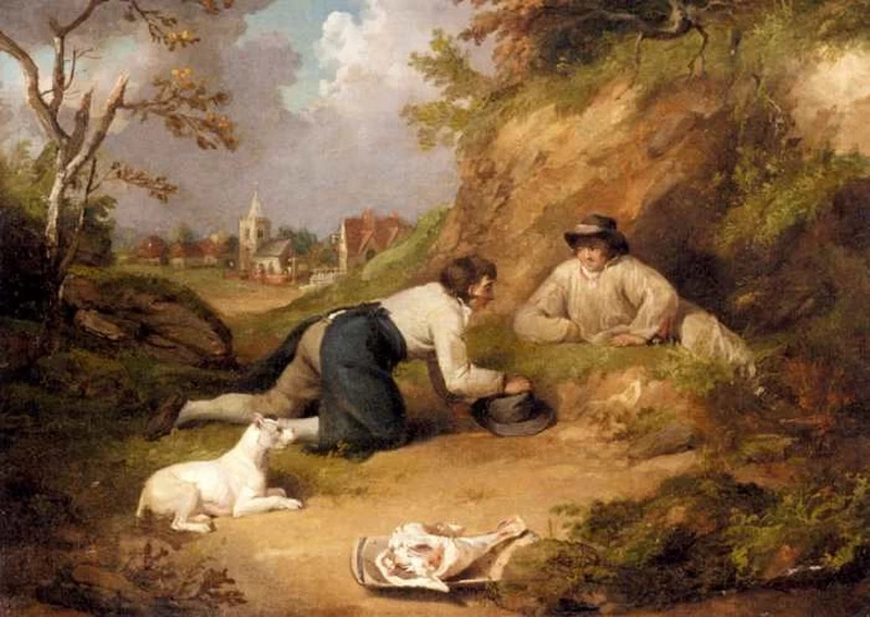 Due uomini a caccia di conigli con il loro cane